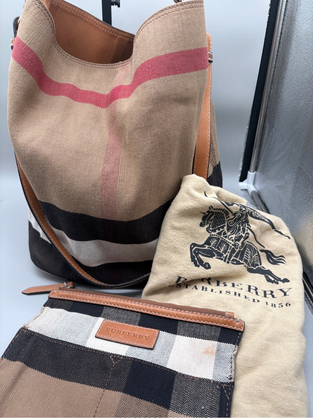 Burberry Medium Ashby Mega Check Canvas Leather Bag With COA